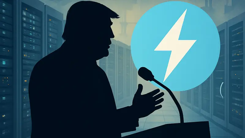 Дональд Трамп выступает с обращением, на фоне символика дата-центров и энергии