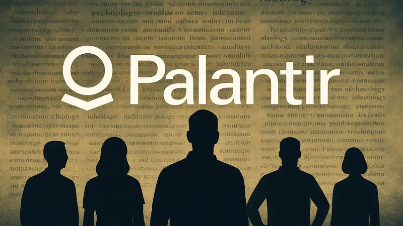 Логотип Palantir на фоне текста, символизирующего манифест о технологиях и идеологии.