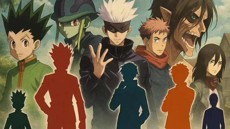 Коллаж из главных персонажей аниме Hunter x Hunter, Jujutsu Kaisen, Attack on Titan и других шонен сериалов