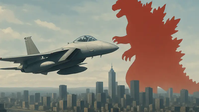 Истребитель из Ace Combat 8 летит над городом, на фоне стилизованный силуэт Годзиллы.