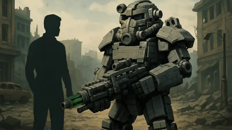 Фанатская модель силовой брони T-45 из Fallout 3, собранная из LEGO, с плазменной винтовкой.