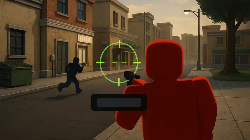 Игровой скриншот Roblox Da Hood с настраиваемым прицелом и ID-кодами для улучшения меткости.