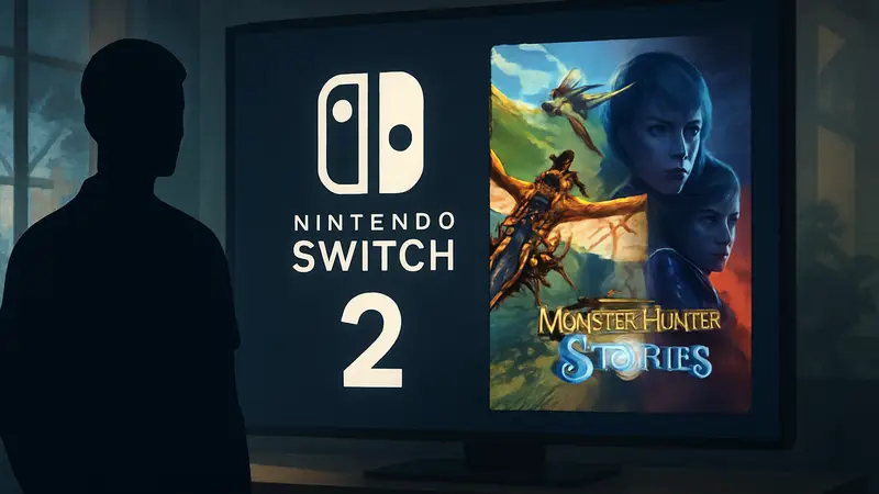 Логотип Nintendo Switch 2 и обложки игр Monster Hunter Stories и Wolfenstein: Youngblood после обновления.