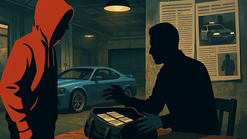 Изображение из GTA Online, демонстрирующее процесс скупки краденого, рядом с газетными вырезками о преступности