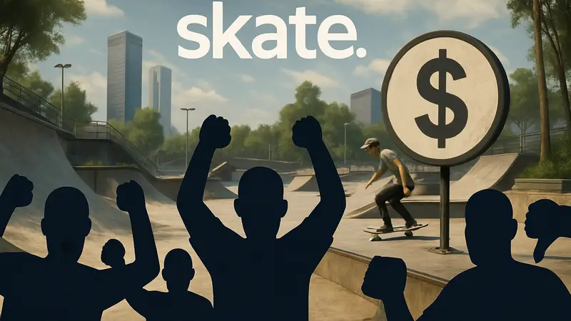 Игровой скриншот из Skate. с указанием платной локации или логотип игры на фоне гневных отзывов игроков.