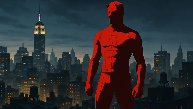 Сорвиголова в красном костюме на фоне города, логотип сериала Daredevil Born Again