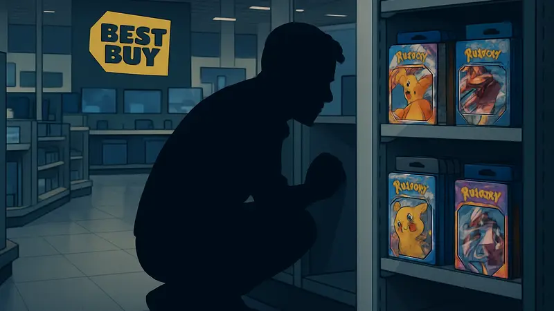 Мужчина прячется в магазине Best Buy, чтобы купить коллекционные карты Pokémon.