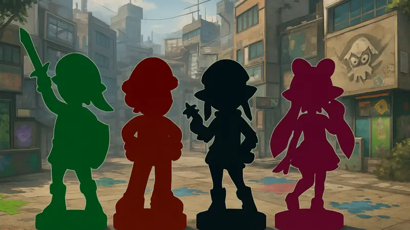 Изображение персонажей Splatoon Raiders в различных amiibo-костюмах.
