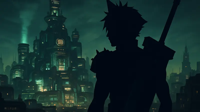 Клауд Страйф из Final Fantasy VII Remake с его культовой прической, на фоне футуристического города Мидгар.