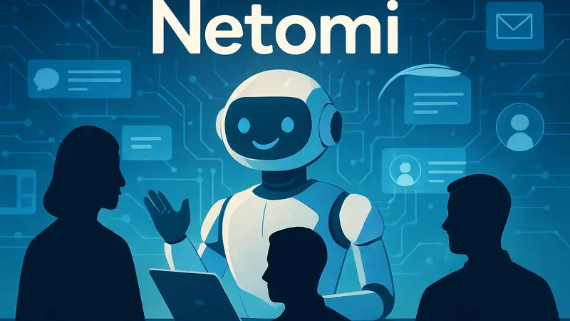 Логотип Netomi на фоне иллюстрации искусственного интеллекта, обрабатывающего запросы клиентов.