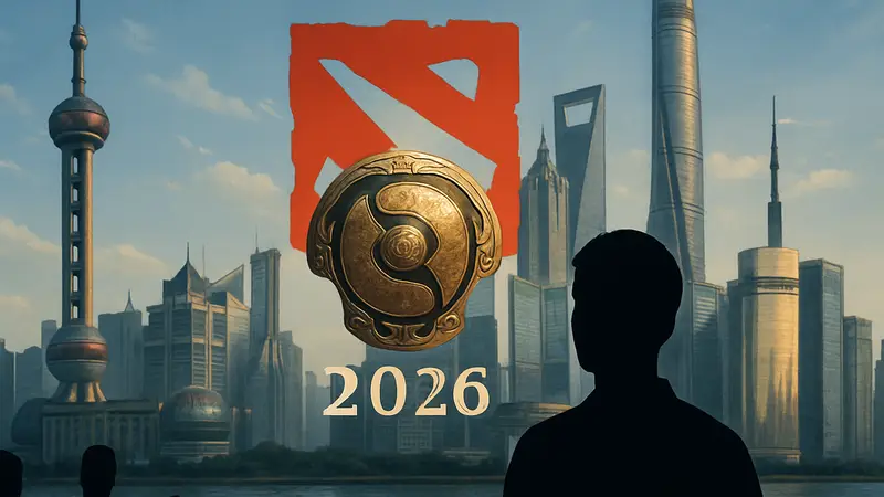 Логотип Dota 2 The International 2026 на фоне небоскребов Шанхая, киберспорт