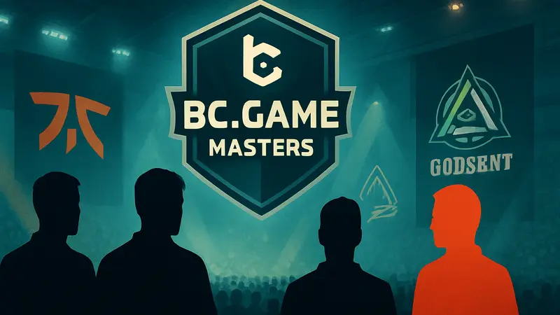 Логотип турнира BC.Game Masters с изображениями киберспортивных команд Fnatic, Godsent, Gentle Mates