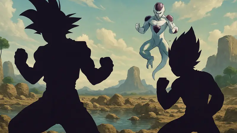 Гоку и Вегета из Dragon Ball Super в боевых стойках, Сайяны готовятся к битве с Фризой.