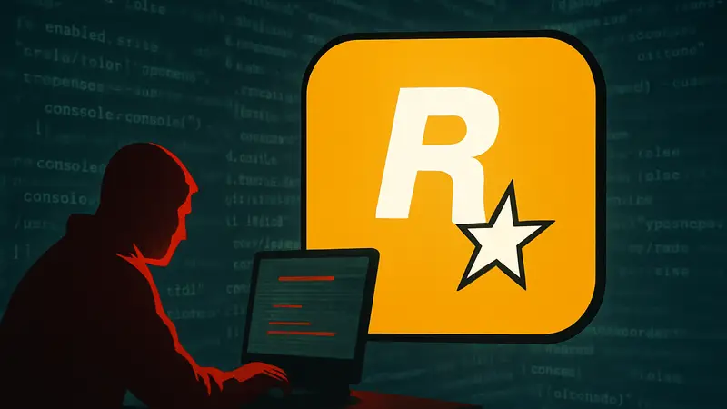 Логотип Rockstar Games на фоне взломанного компьютерного кода, символизирующий угрозу утечки данных.