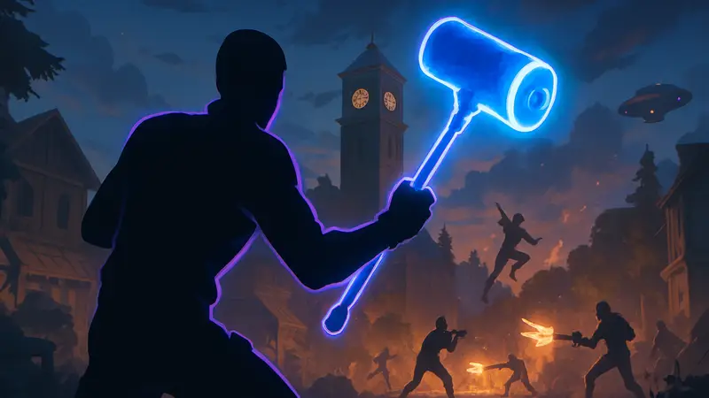 Игрок в Fortnite использует кирку Soft Roller, освещенную неоновым светом, на фоне битвы