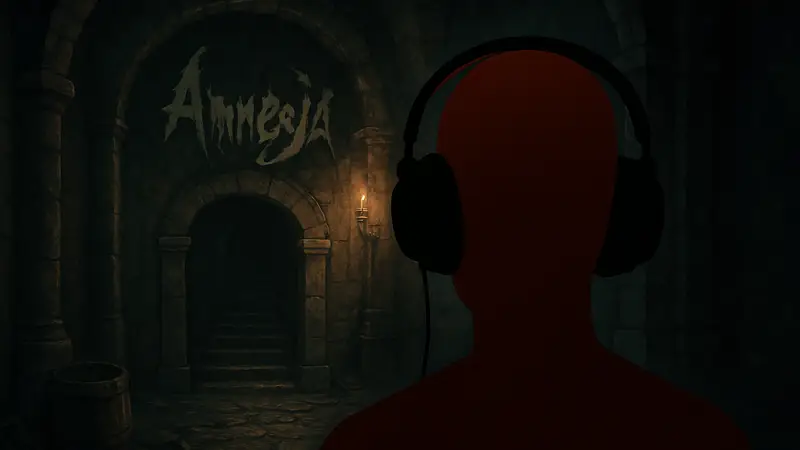 Изображение ASMR-плейлиста для игры Amnesia с наушниками и тревожной атмосферой.