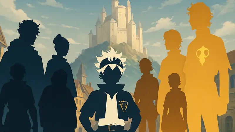 Коллаж отрядов Магических Рыцарей из аниме Black Clover: Черный Бык, Золотой Рассвет, герои.