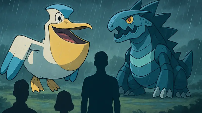 Покемоны Pelipper и Archaludon в дождевой команде для Pokemon Champions.