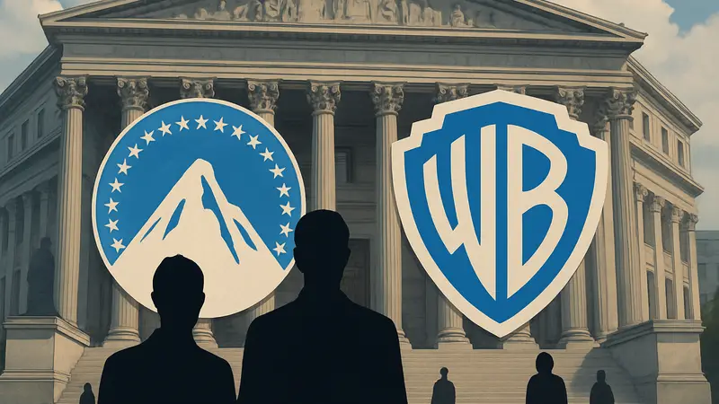 Логотипы Paramount и Warner Bros. на фоне судебного здания