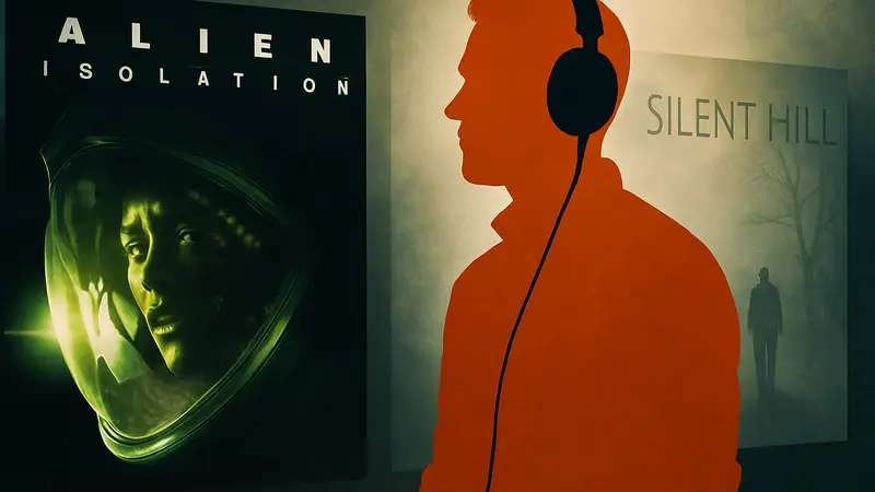 Байрон Буллок, звукорежиссёр, работающий над игрой Silent Hill, на фоне логотипов Alien: Isolation