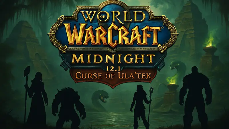 Логотип World of Warcraft: Midnight с указанием патча 12.1 Curse of Ula'tek.