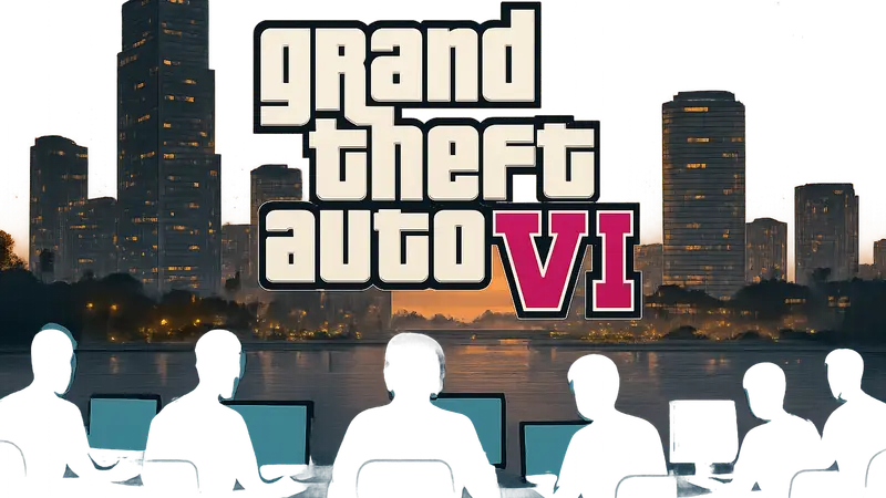 Логотип GTA 6 на фоне города с ожидающими ПК-геймерами.