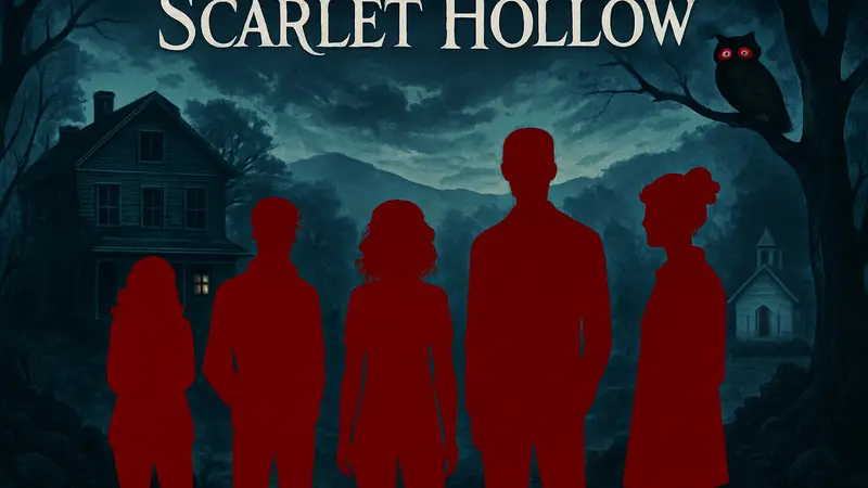 Обложка игры Scarlet Hollow с персонажами и мрачной, интригующей атмосферой визуальной новеллы.