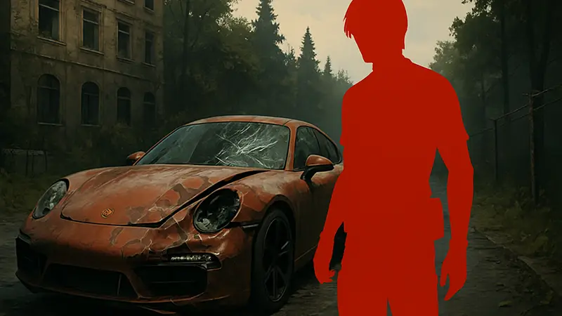 Леон Кеннеди рядом с разбитым автомобилем Porsche в Resident Evil Requiem.