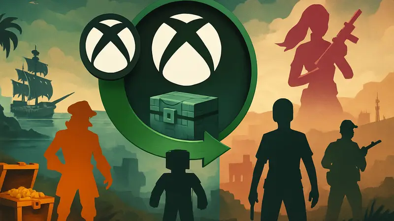 Логотип Xbox Game Pass с изображением бонусов для Sea of Thieves, Minecraft, FragPunk, PUBG