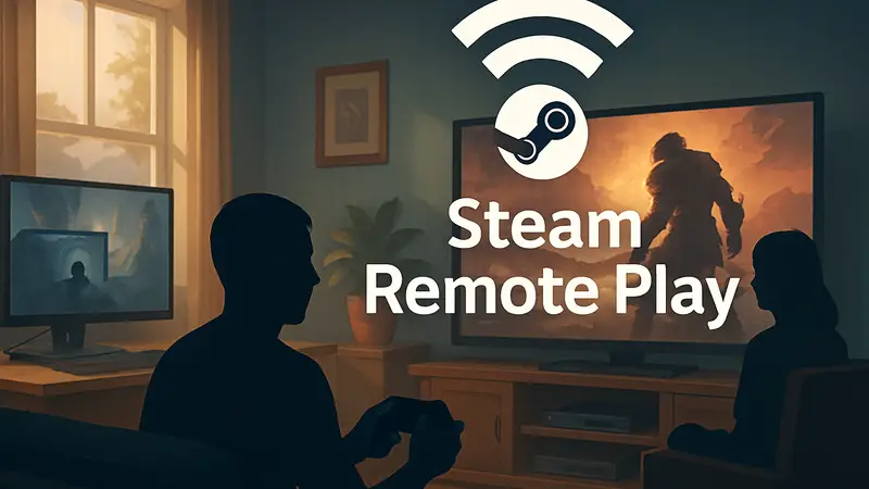 Логотип Steam Remote Play с символом Wi-Fi, демонстрирующий потоковую передачу игр на домашние устройства.