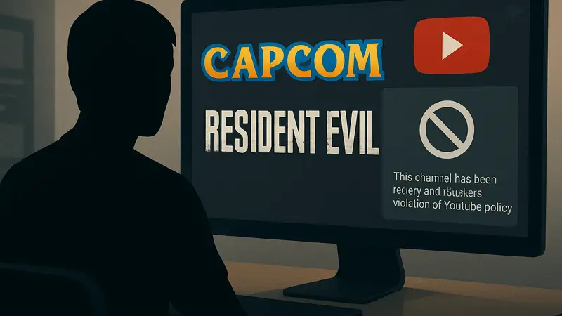 Логотип Capcom и Resident Evil на фоне экрана YouTube с сообщением об удалении канала.