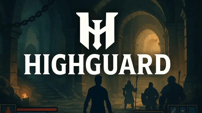 Логотип Highguard с элементами рейдового подземелья и боевым интерфейсом игры.
