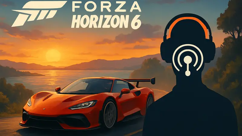 Обложка Forza Horizon 6 с машиной на фоне заката, логотип радиостанции