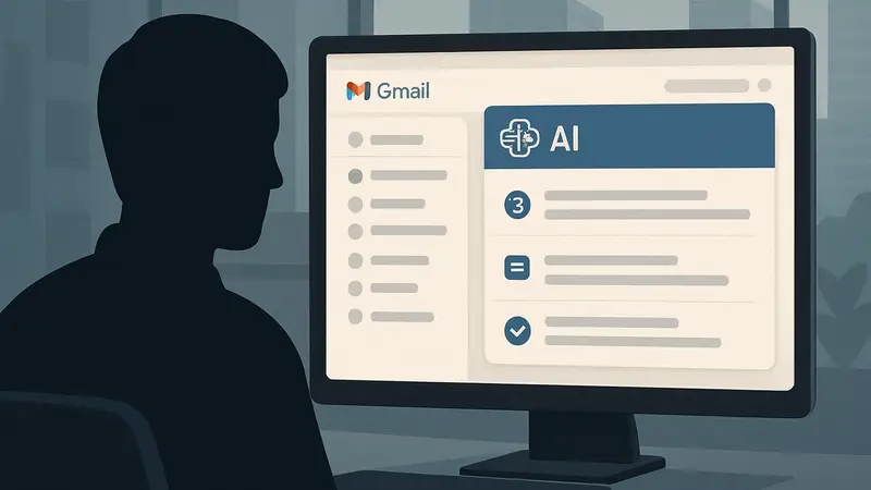 Интерфейс Gmail с панелью AI Overviews, показывающей краткие сводки писем и технологий ИИ