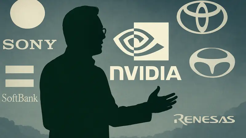 Дженсен Хуанг, глава NVIDIA, выступает на фоне логотипов японских компаний, символизируя технологическое сотрудничество и сделки.