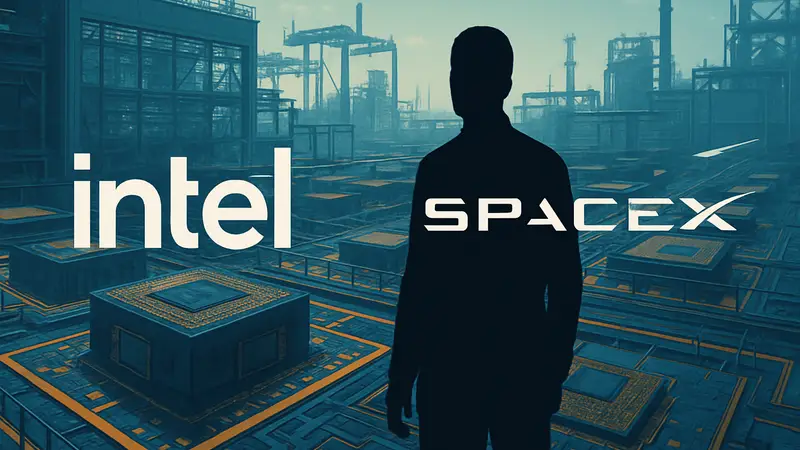 Логотипы Intel и SpaceX на фоне футуристического завода или печатных плат с чипами.