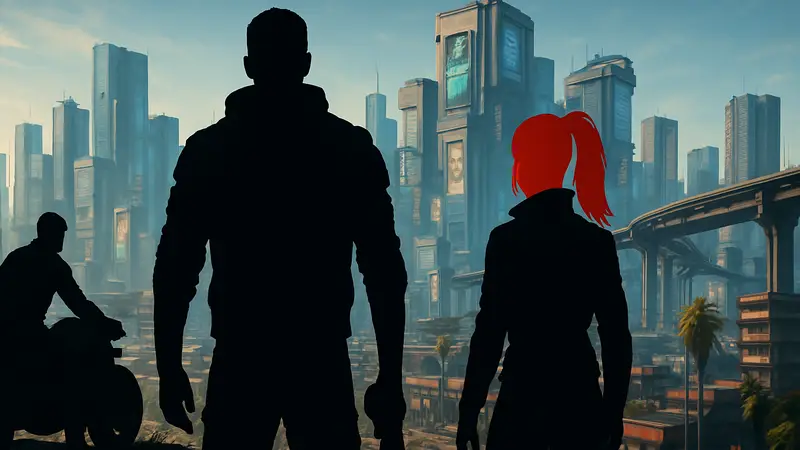 Арт с персонажами Cyberpunk 2077, на фоне города Найт-Сити, символизирующий требования ПК