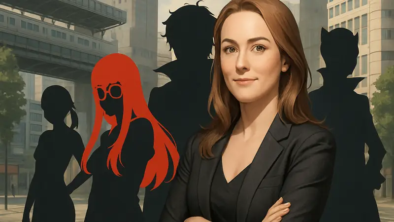 Эрика Линдбек, актриса озвучивания Футабы, на фоне персонажей Persona 5.