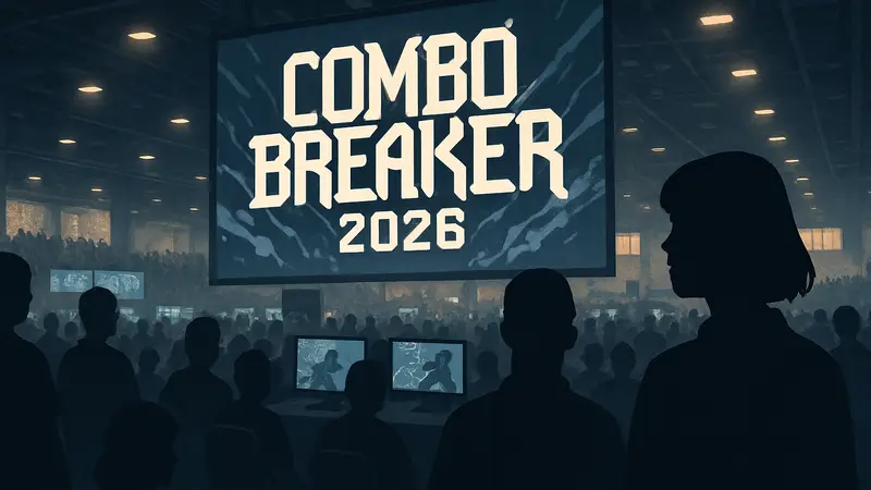 Логотип турнира Combo Breaker 2026 на фоне людей в киберспортивном зале