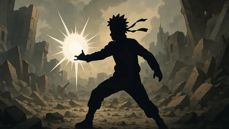 Наруто Узумаки использует мощную божественную способность на фоне разрушений