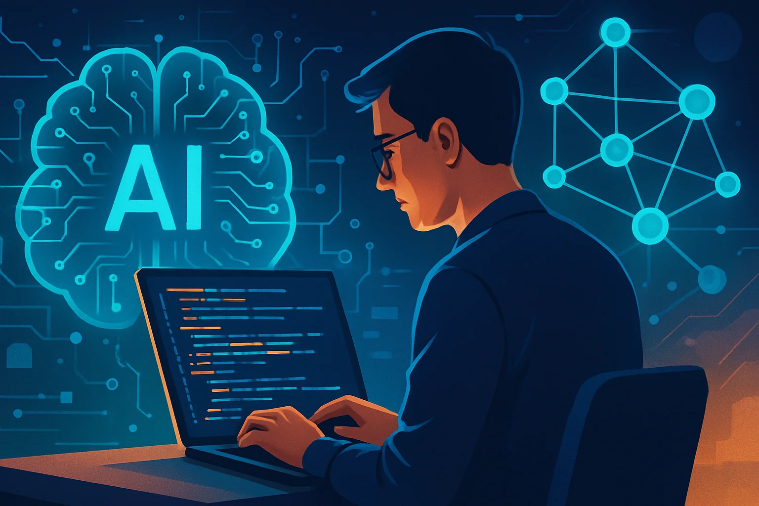 Программист, работающий с кодом, на фоне элементов искусственного интеллекта и нейросетей.