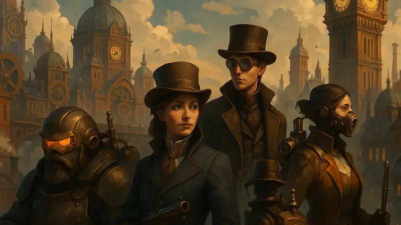 Стилизованное изображение мира Clockwork Empires, стимпанк-элементы и персонажи