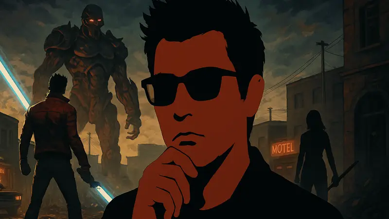 Портрет геймдизайнера Suda51, задумчиво смотрящего в камеру на фоне игровой графики.