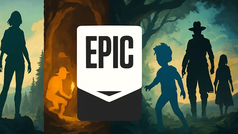 Логотип Epic Games Store с изображениями бесплатных игр.