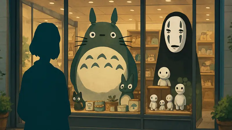 Изображения персонажей Studio Ghibli, таких как Тоторо и Каонаси, на фоне витрины временного магазина.