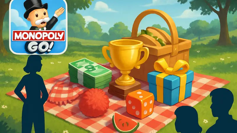 Логотип Monopoly GO и изображение пикника с наградами события "Pom Pom Picnic", демонстрирующие мобильную игру.