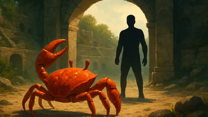 Главный персонаж-краб из игры Everything Is Crab, сталкивающийся с вызовом или испытанием.