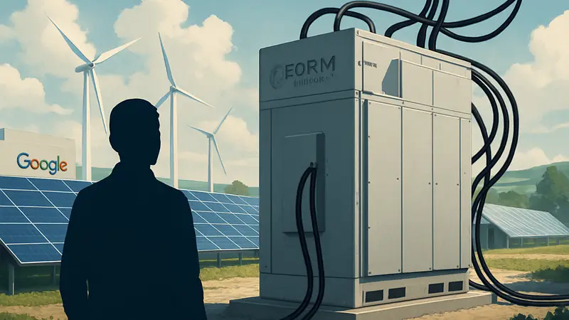 Изображение массивной железо-воздушной батареи Form Energy, подключенной к возобновляемым источникам энергии для дата-центров Google.
