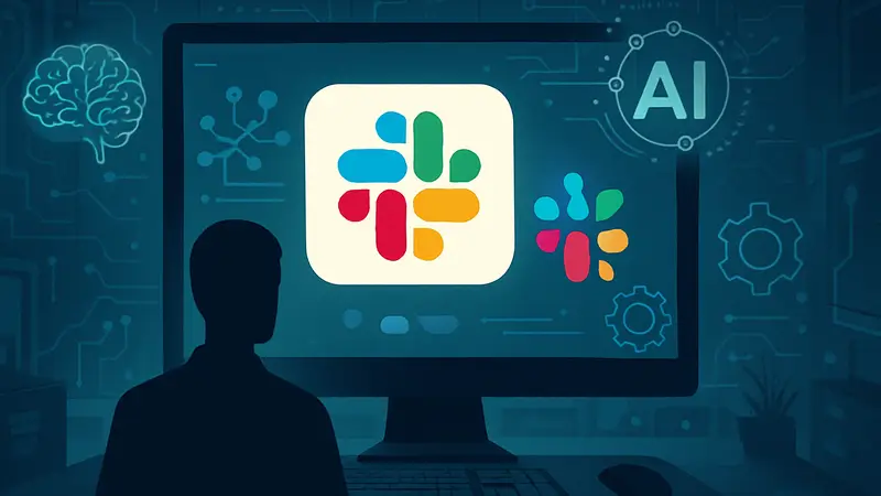 Логотип Slackbot на экране монитора с элементами искусственного интеллекта, символизирующий новые функции.