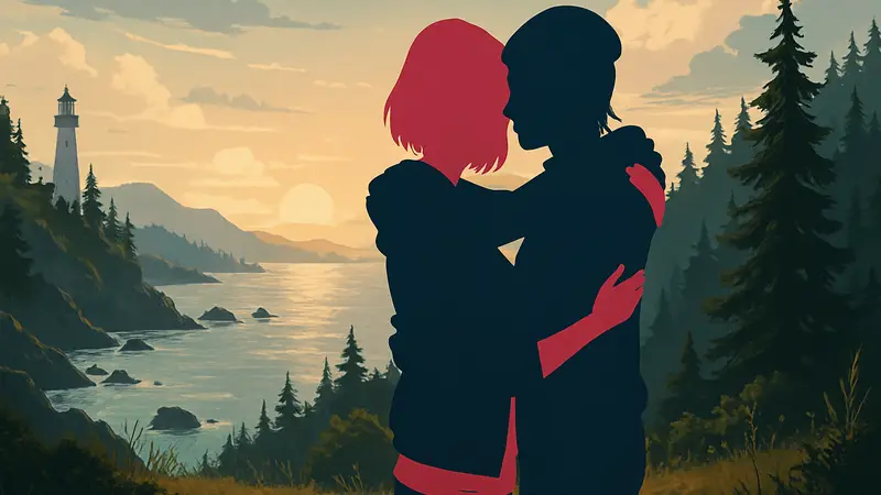 Макс Кауэлфилд и Хлоя Прайс из Life is Strange Reunion, обнимаются на фоне пейзажа